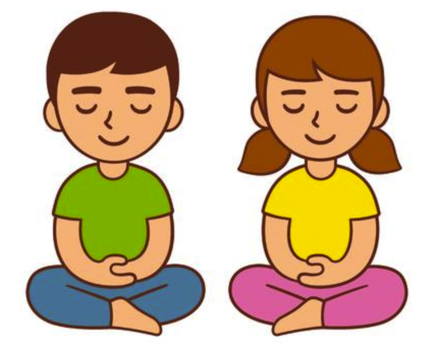 Boy and Girl sitting on the floor with their legs crossed, thinking mindful thoughts.