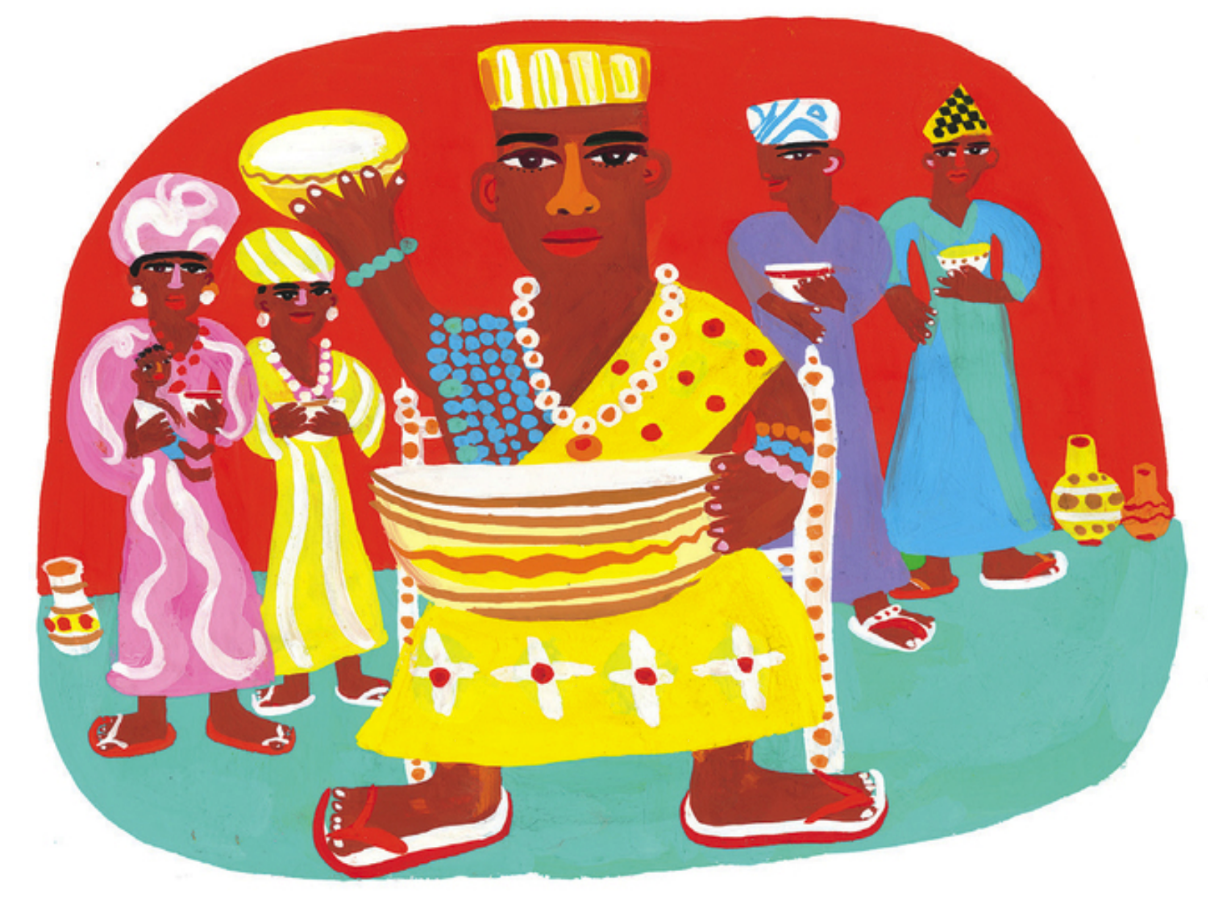 A painting of an African man with several women behind him