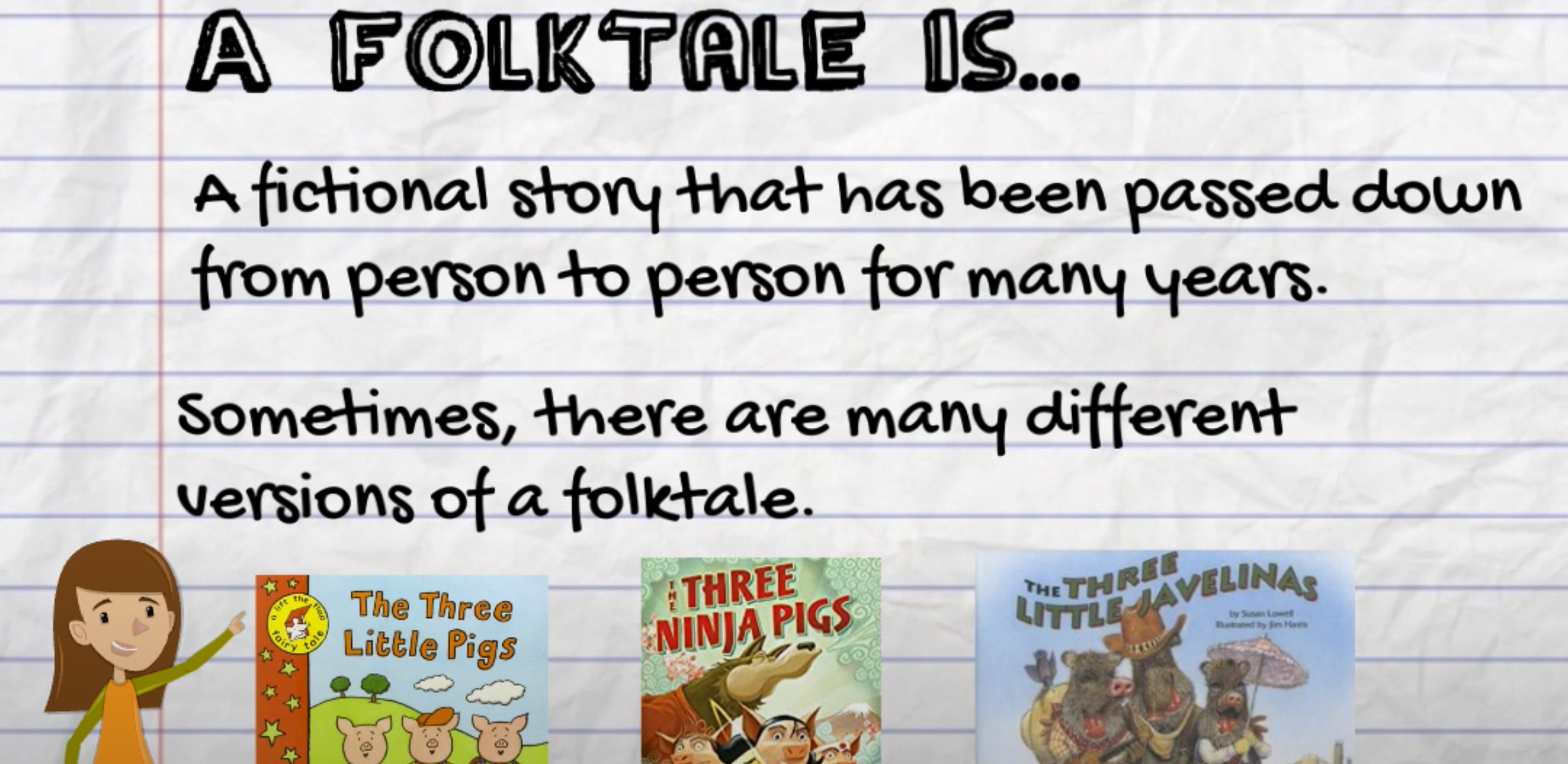 A written description on lined paper about what a folktale is...