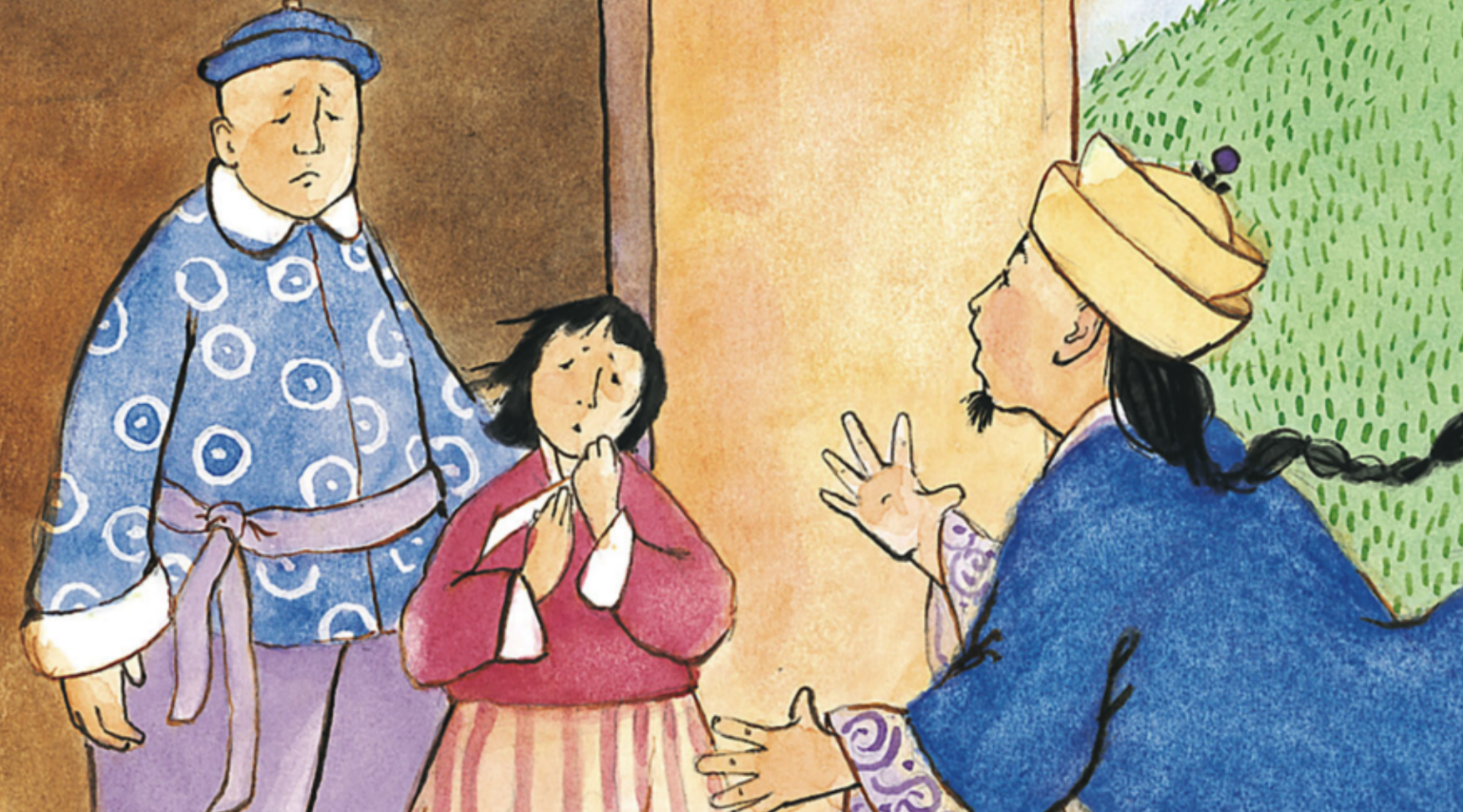 A young girl, an elderly man, and another man from a folktale