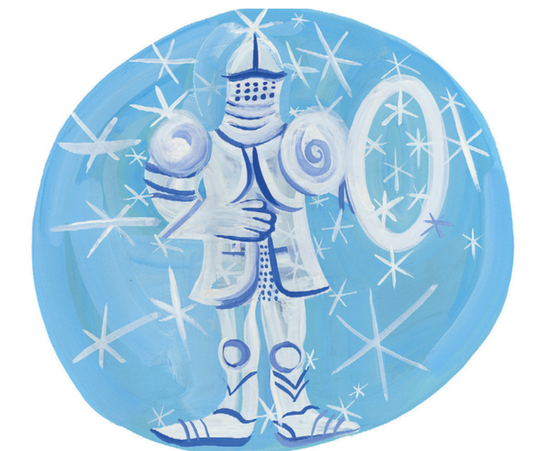 A painting of a knight in armor with a blue background